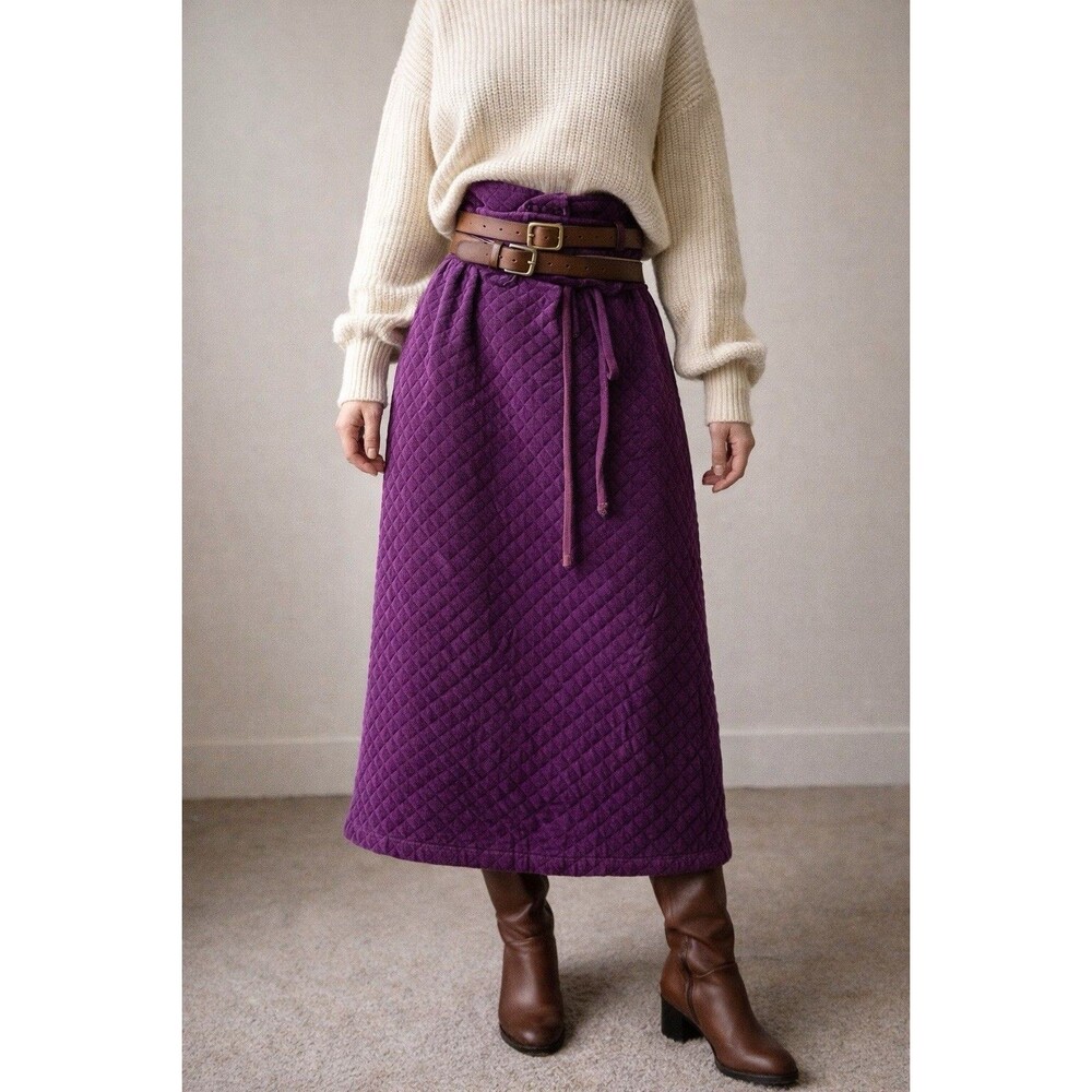 Vintage Quilted Corduroy Maxi Skirt Purple High Waist Belted Sz 3 Prairie Boho
